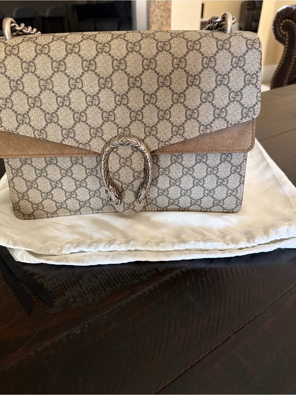 Gucci Beige GG Supreme Shoulder Bag with Suede Trim and Silver Tiger Head